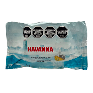 ALFAJOR HAVANNA MAR DEL PLATA RECHEIO DOCE DE LEITE COBERTURA CHOCOLATE AMARGO 70% CACAU COM CRISTAIS DE SAL MARINHO 90G